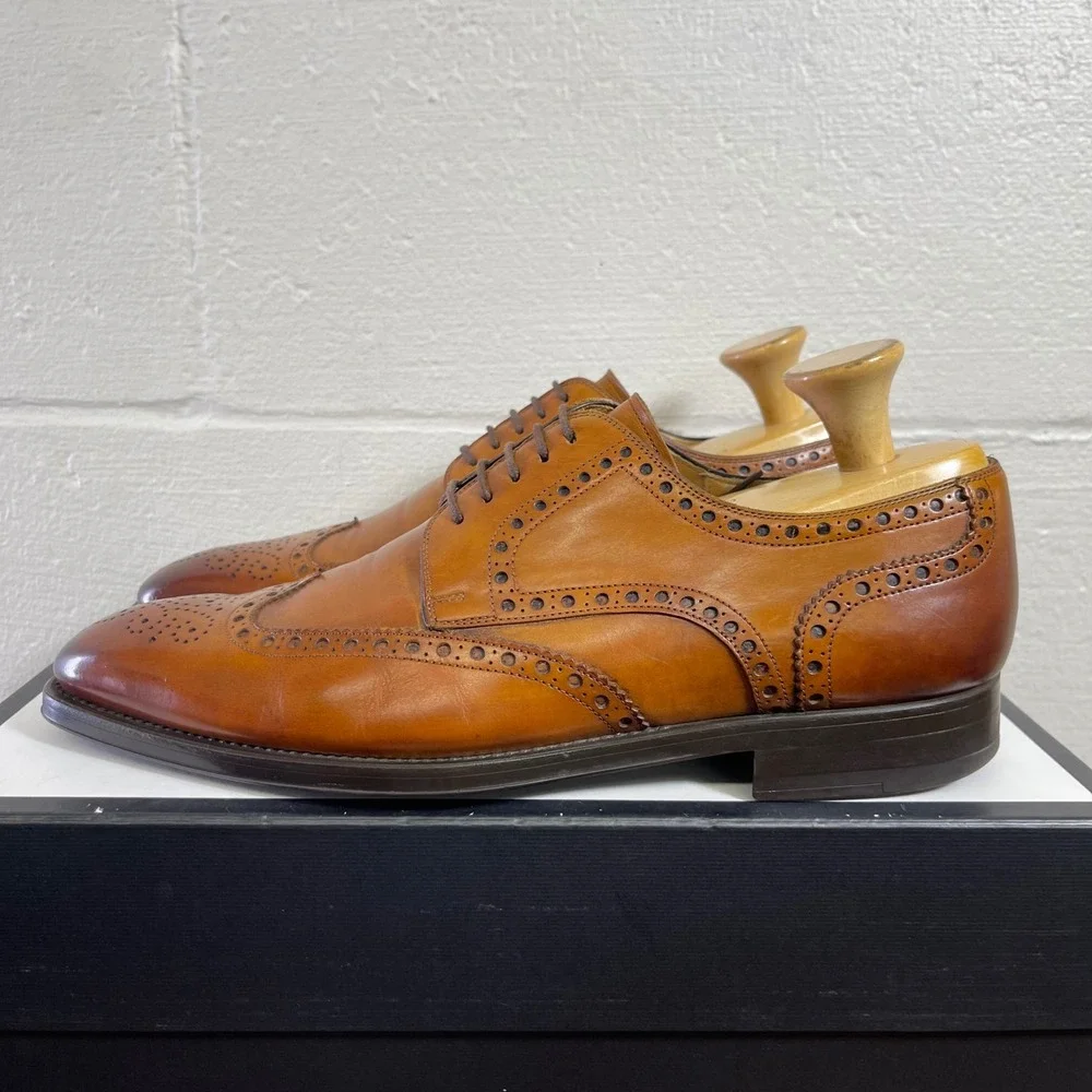 Magnanni Sergio 17529 Cognac Leather Wingtip Oxford Dress Shoes Men's 10 M